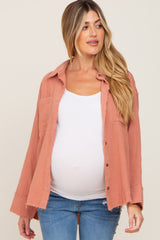 Peach Button Down Collared Frayed Maternity Top