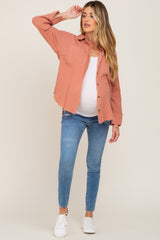 Peach Button Down Collared Frayed Maternity Top