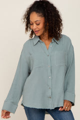 Green Button Down Collared Frayed Top