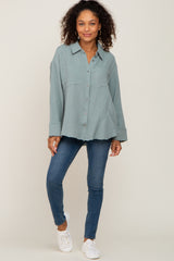 Green Button Down Collared Frayed Top
