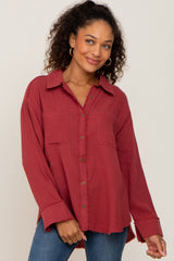 Rust Button Down Collared Frayed Maternity Top