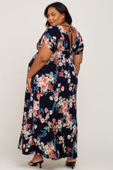 Navy Floral Deep V-Neck Maternity Plus Maxi Dress