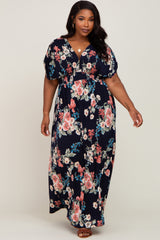 Navy Floral Deep V-Neck Plus Maxi Dress