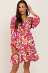 Magenta Floral Smocked Long Sleeve Maternity Dress