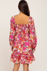 Magenta Floral Smocked Long Sleeve Maternity Dress