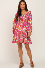 Magenta Floral Smocked Long Sleeve Maternity Dress