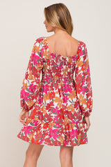 Magenta Floral Smocked Long Sleeve Dress