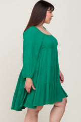 Green Tiered Long Sleeve Plus Dress