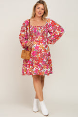 Magenta Floral Smocked Long Sleeve Maternity Plus Dress