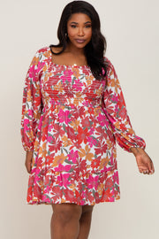 Magenta Floral Smocked Long Sleeve Plus Dress