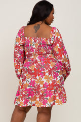 Magenta Floral Smocked Long Sleeve Plus Dress