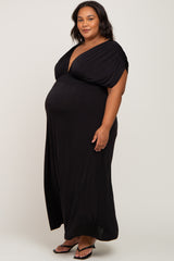 Black Draped Smocked Maternity Plus Maxi Dress