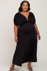 Black Draped Smocked Maternity Plus Maxi Dress