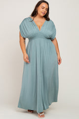 Light Olive Draped Smocked Plus Maxi Dress