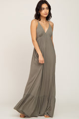 Olive Deep V-Neck Back Tie Maternity Maxi Dress