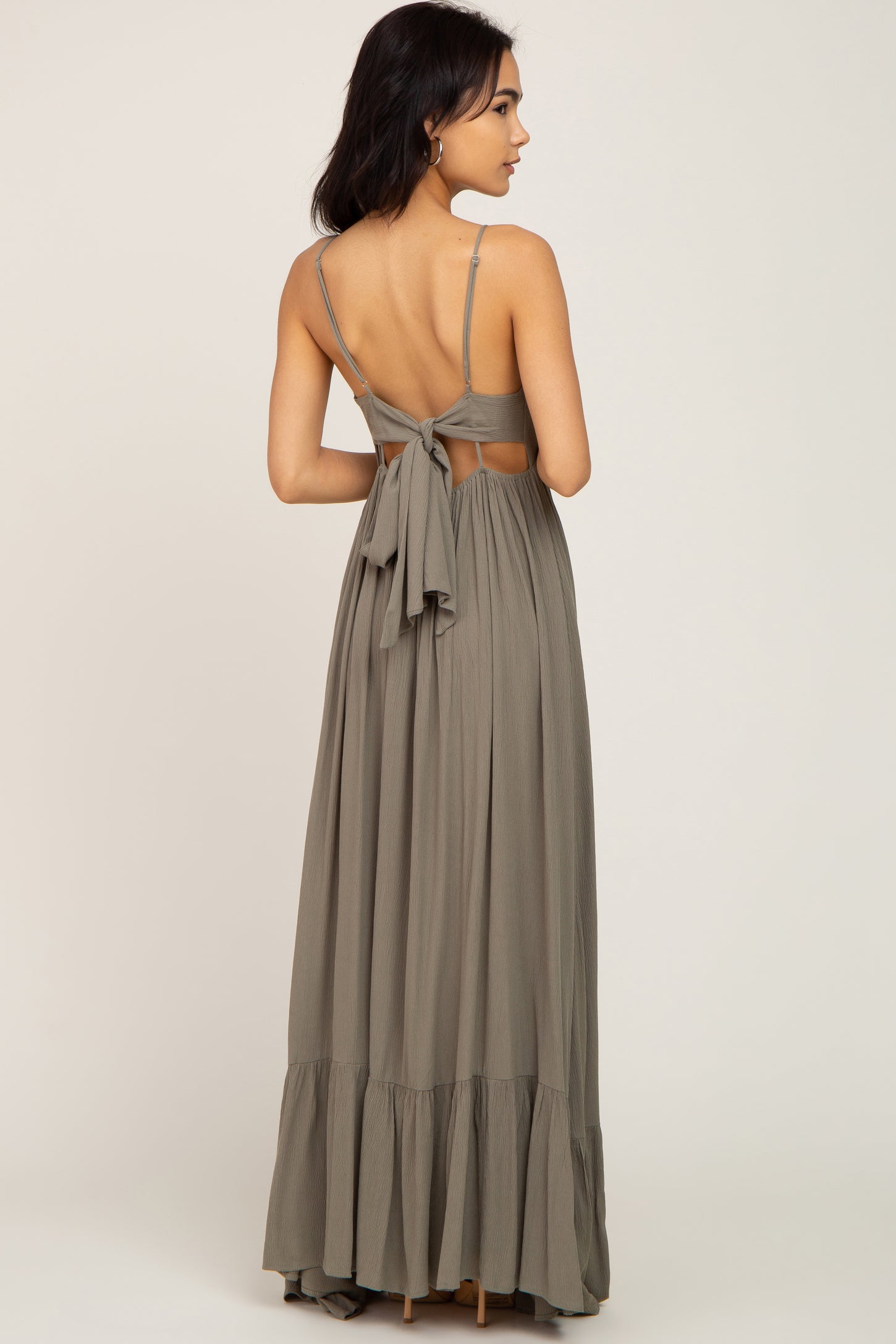 Olive Green Long Dress, Olive Green Tied Back Dress, Olive Green