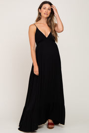 Black Deep V-Neck Back Tie Maternity Maxi Dress