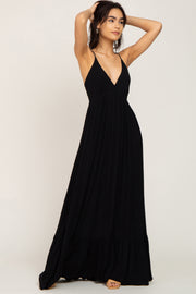 Black Deep V-Neck Back Tie Maxi Dress