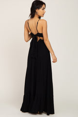 Black Deep V-Neck Back Tie Maxi Dress