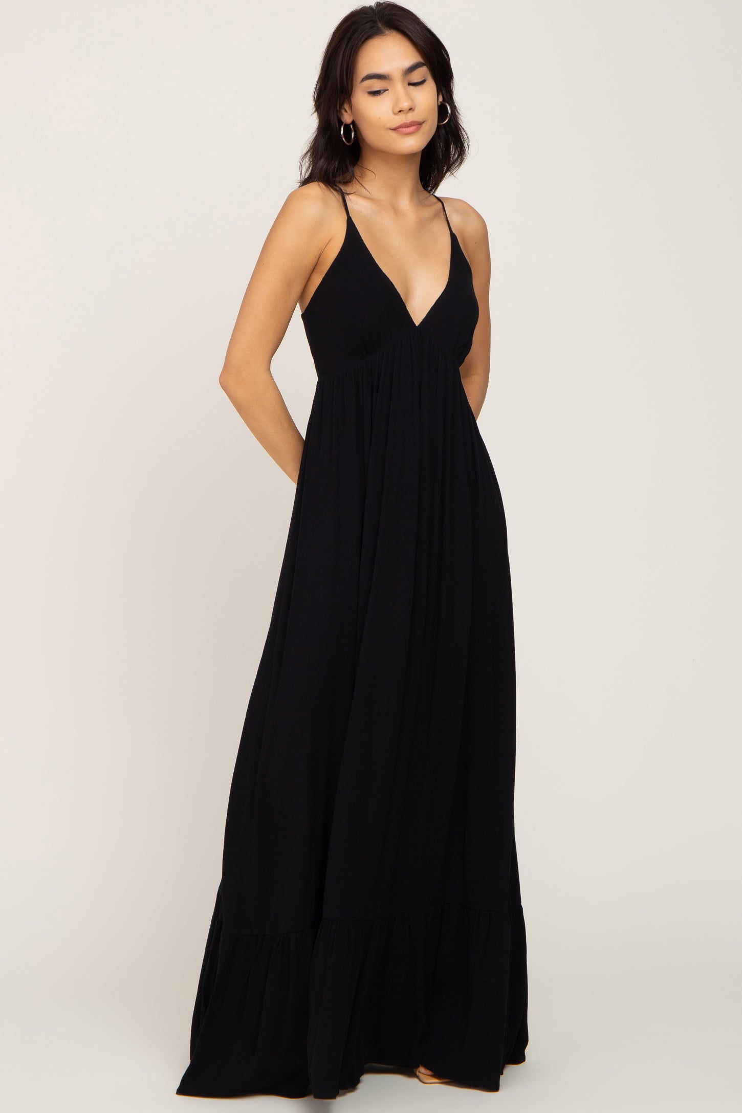 Black Deep V-Neck Back Tie Maxi Dress – PinkBlush