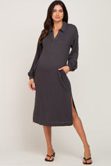 Charcoal Cable Knit Collared Maternity Midi Dress