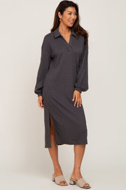 Charcoal Cable Knit Collared Midi Dress