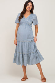 Blue Gingham Print Smocked Tiered Maternity Midi Dress