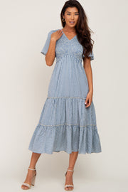 Blue Gingham Print Smocked Tiered Midi Dress