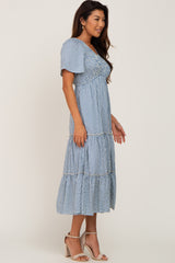 Blue Gingham Print Smocked Tiered Midi Dress