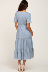 Blue Gingham Print Smocked Tiered Midi Dress