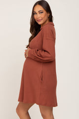 Rust Waffle Knit Collared Long Sleeve Maternity Dress