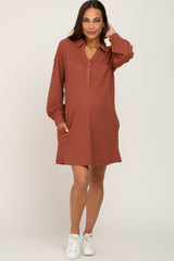 Rust Waffle Knit Collared Long Sleeve Maternity Dress