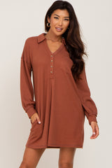 Rust Waffle Knit Collared Long Sleeve Maternity Dress