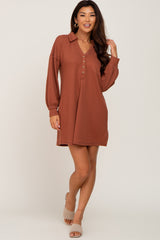 Rust Waffle Knit Collared Long Sleeve Dress