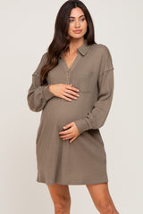 Olive Waffle Knit Collared Long Sleeve Maternity Dress