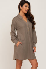 Olive Waffle Knit Collared Long Sleeve Dress