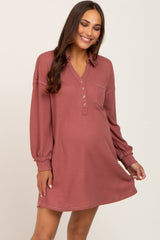 Mauve Waffle Knit Collared Long Sleeve Maternity Dress