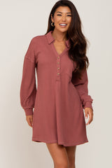 Mauve Waffle Knit Collared Long Sleeve Maternity Dress