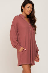 Mauve Waffle Knit Collared Long Sleeve Dress