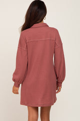 Mauve Waffle Knit Collared Long Sleeve Dress