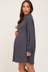 Charcoal Waffle Knit Collared Long Sleeve Maternity Dress