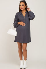 Charcoal Waffle Knit Collared Long Sleeve Maternity Dress