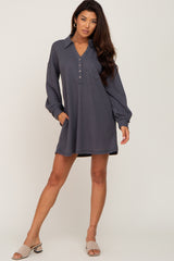 Charcoal Waffle Knit Collared Long Sleeve Dress