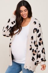 Cream Leopard Print Knit Distressed Maternity Sweater