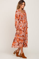 Rust Floral Smocked Tiered Midi Dress