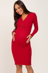 Red Ribbed Button Down Maternity Fitted Dress