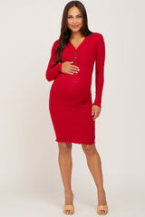 Red Ribbed Button Down Maternity Fitted Dress