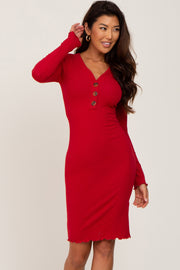 Red Ribbed Button Down Fitted Dress