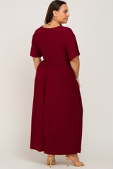 Burgundy Gathered Front Plus Maxi Dress