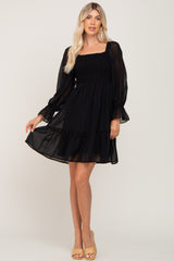 Black Metallic Stripe Smocked Dress